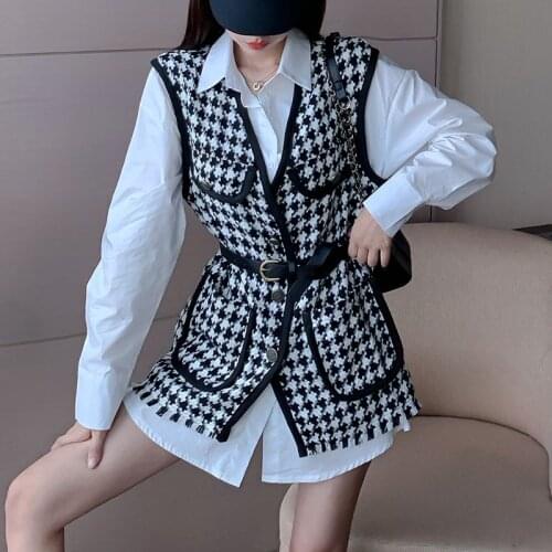 VSUE Autumn Slim Long Sleeve Shirt + Houndstooth Tweed Vest Two Piece Set T3017