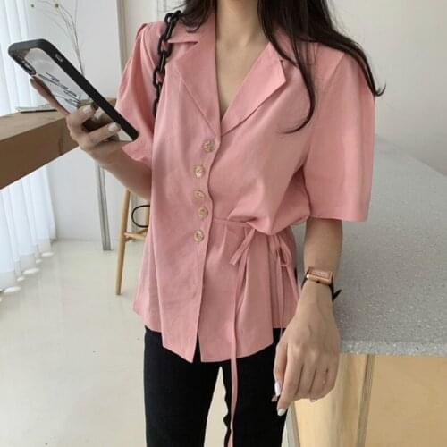 Collar Single Breasted Shirt Back Buttons Top Special Design Women Summer Elegant White Side Lacing Up Blouse Notched