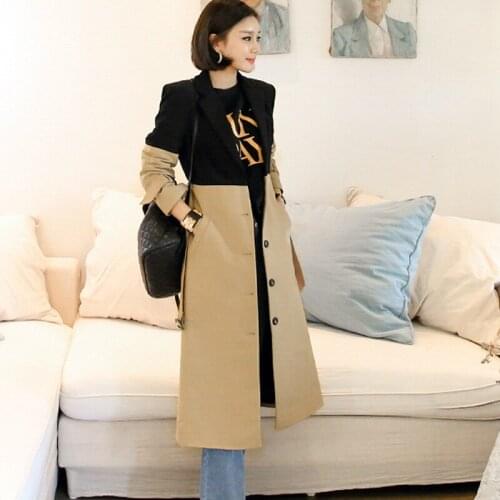 2019 Winter Autumn Women Jacket Modis Contrast Singer Button Long Coat Outwear Women Loose Coat Female Windbreaker Tops Sashes