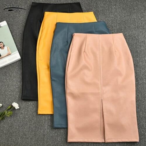 2021 Summer Midi Skirt Women Plus Size Solid Split Skirts Korean PU Leather Skirts Women High Waist Straight Midi Skirts 10091