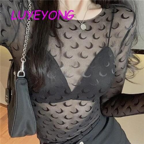 Lady Transparent O Neck Long Sleeve Basic Streetwear Thin Sexy Harajuku Slim Top Women Crescent Gothic Black White T Shirt 2021
