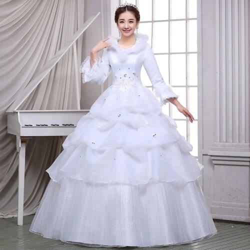 Paragraph 2021 Winter Neat Long Sleeve Add Cotton Thickening Winter Bride Winter Clothing Warm Wedding Dress Vestidos De Noiva