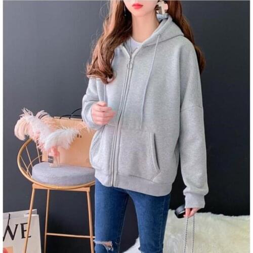 Zuolunouba Winter Women Hoodie Plus Velvet Keep Warm Solid Color Zipper Pocket Harajuku Female Fashion Sweatshirt Coat M-XL