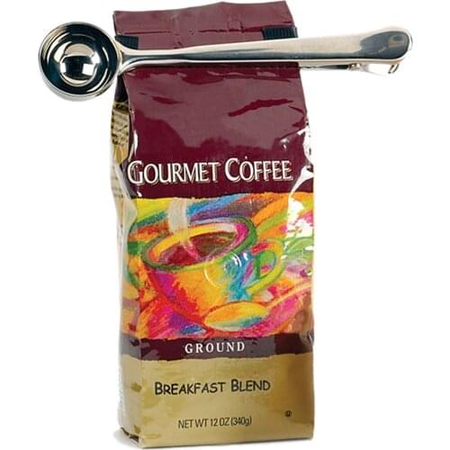Stainless Steel 1 Cup Ground Coffee Measuring Scoop Spoon + Bag Seal Clip NEW