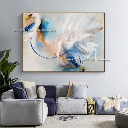 100% Handmade White Blue Leather Swan Animal Oil Painting Large Size Picture Decorations Banner Wall Photo Background As A Gift