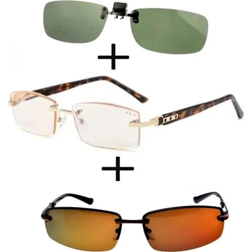 3Pcs!!! Titanium Gentleman Diamond Cut Reading Glasses Men Women + Alloy Polarized Sunglasses High Quality + Sunglasses Clip