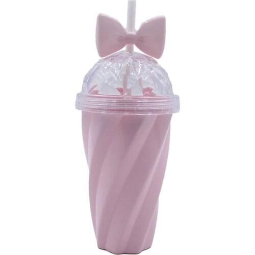80%HOT380ml Cute Bowknot Decor Straw Cup Exquisite Bright-colored PS Water Cup for Girls