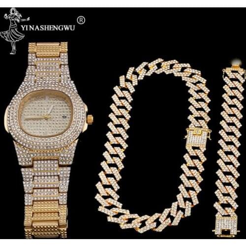 Watch+Necklace+Bracelet Set Hip Hop Miami Curb Cuban Chain Gold Color Iced Out Paved Rhinestones CZ Bling Jewelry For Men 19MM