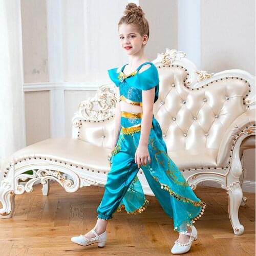 Cosplay Kids Flower Girls Princess Jasmine Costumes For Children Party Belly Dance Dress Indian Costume 2ps Halloween Christmas