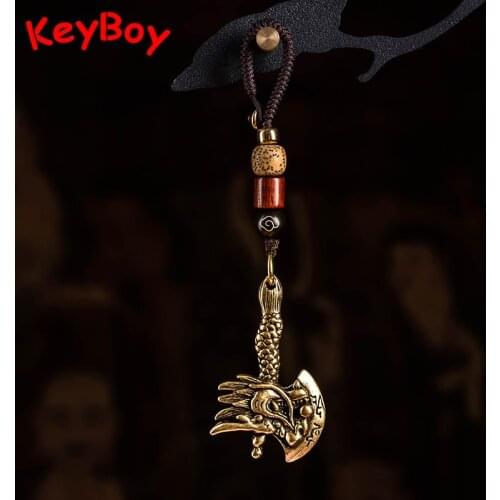 Dragon Axe Brass Car Keychain Pendant Vintage Men Handmade Woven Rope Chinese Traditional Lanyard Keyrings Hanging Jewelry Gifts