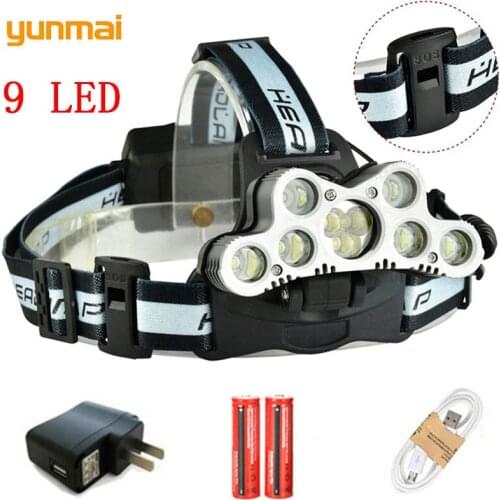 Outdoor 9 LED headlight Powerful Headlamp Waterproof 25000LM XML T6+Q5 LED Headlight Camping Lantern USB Light for camping