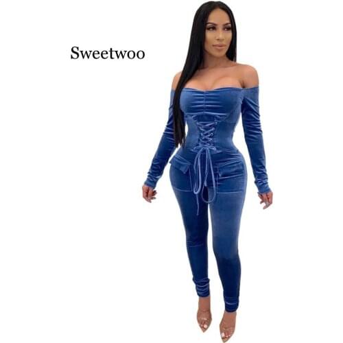 Velvet Jumpsuit Rompers Elegant Womens Bandage Overalls Long Sleeve Warm Night Party Winter Jumpsuit Sexy Off Shoulder