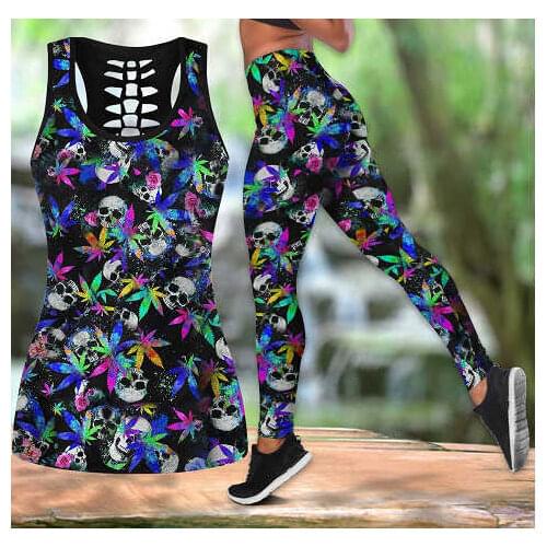 FCCEXIO 2Pcs Set Hollow Out Sportswear Women Clothes 3D Skull Print Fitness Yoga Suits Leggings Outfit Gym Workout Tank Top Pant