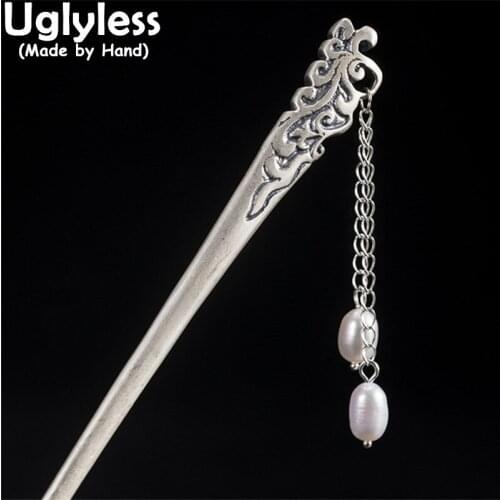 Uglyless Vintage Totem Patterns Vines Thai Silver Hair Sticks for Women Ethnic 925 Silver Hair Jewelry Natural Pearls Tassels