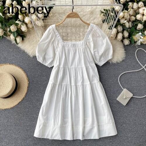 Women Sweet French Dress Elastic Ruched Square Collar Short Sleeve A-line Dresses Summer Casual Streetwear Midi Dress