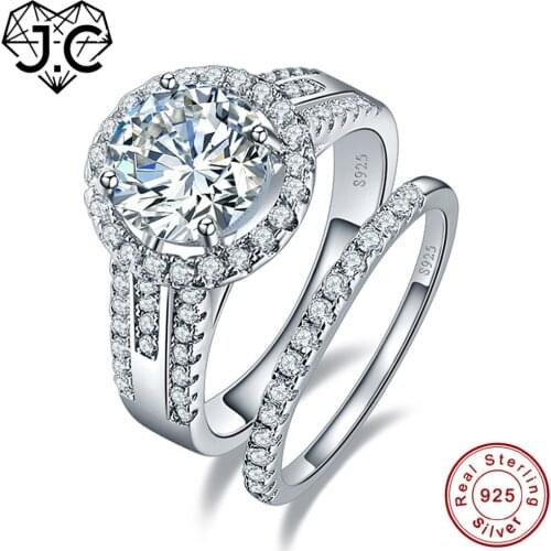 J.C Luxurious Round White Topaz Real 100% 925 Sterling Silver Ring Size 6 7 8 9 For Couple Fine Jewelry Wedding Engagement Rings