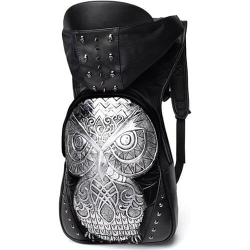 With a hat Backpack Fashion Rivet Men Shoulder Bag 3D Owl Pattern Pu Leather Backpack Travel Bag Hight Capacity Waterproof Cap