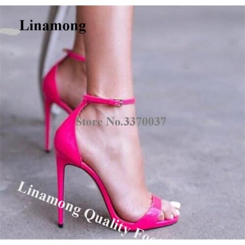 Linamong Classical Style One Strap Stiletto Heel Sandals Rose Pink Patent Leather Thin High Heel Sandals Wedding Dress Shoes