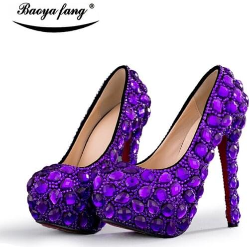 Purple Crystal Wedding shoes Bridal high heels platform shoes ladies Round toe Party dress shoes woman fashion Pumps