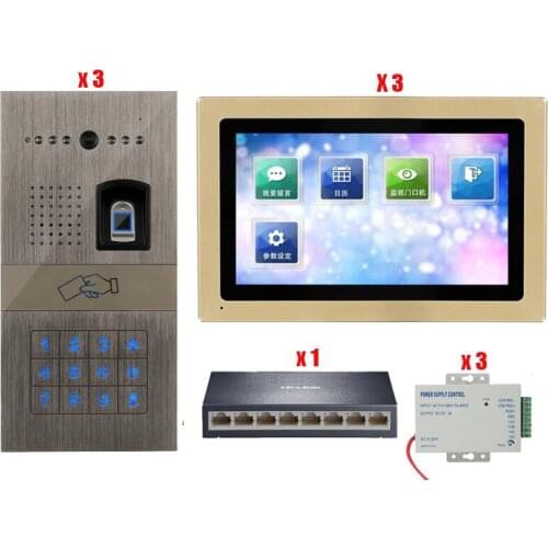 Hot Selling 7 inch Wired Fingerprint&Password Video Door Phone Video Intercom System Waterproof IR HD Camera for 3 Doors 3 Rooms