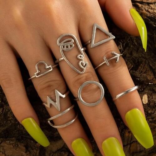 HuaTang Vintage Silver Color Face Finger Rings Set for Women Geometric Circle Smooth Midi Knuckle Ring Female Jewelry Anillos