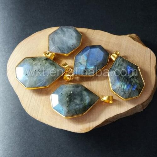 WT-P802 Natural polygon Labradorite Pendant Wholesale 5pcs raw stone gold eletroplated polygon labradorite pendant Jewelry gift