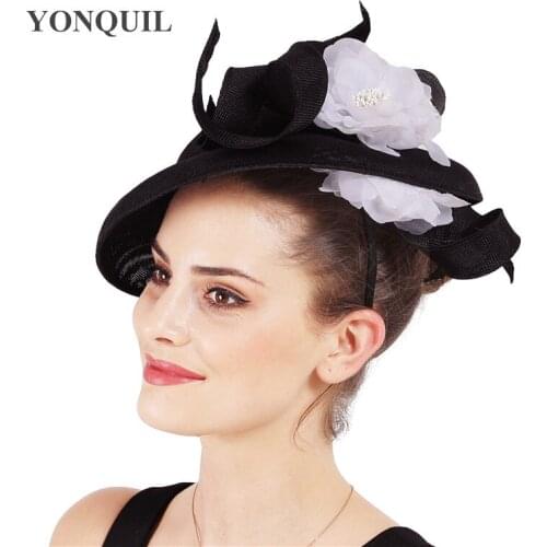 New Charming Big Derby Fedora Black Fascinator Hats Womens With Flower Wedding Party Headpiece Elegant Ladies Occasion Chapeau