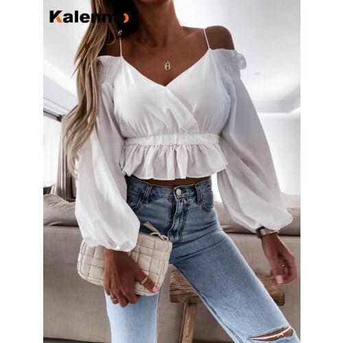 T Shirt Women Casual Tops Elegant Sling Off The Shoulder Slash Neck Long Lantern Sleeve Folds Slim Sheath Sexy Work Streetwear