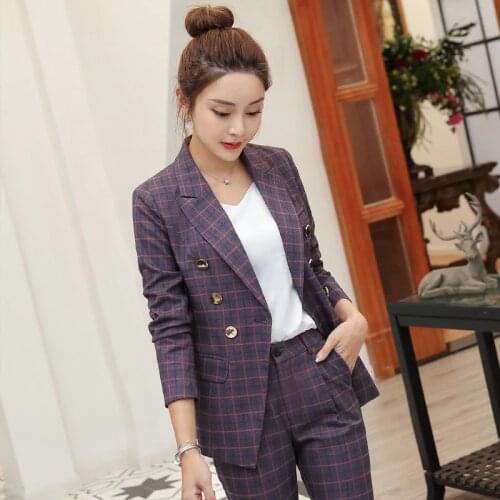 Womens suits 2019 autumn and winter new plaid double-breasted casual western decoration nine pants womens two-piece suit