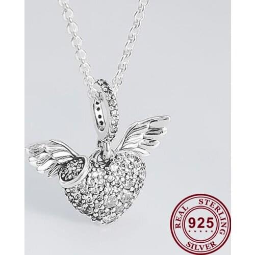 100% 925 Sterling Silver Charm Angel Wing With Crystal Love Pendant Fit Pandora Women Bracelet & Necklace Diy Jewelry