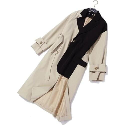 Abrigo Mujer 2021 Spring Autumn Suit Stitching Retro Windbreaker Womens Mid-length Coat Over The Knee Sweat Solid Color Casual