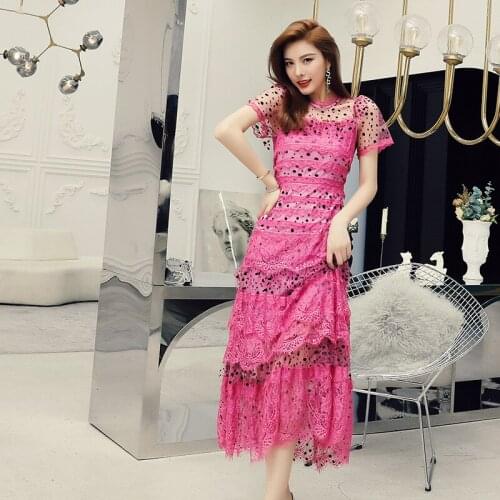 High End Women Dress 2020 Summer Pink Short Sleeve O Neck Lace Ruffle Mesh Dress Ladies Vestidos Elegant Sexy Party Dresses