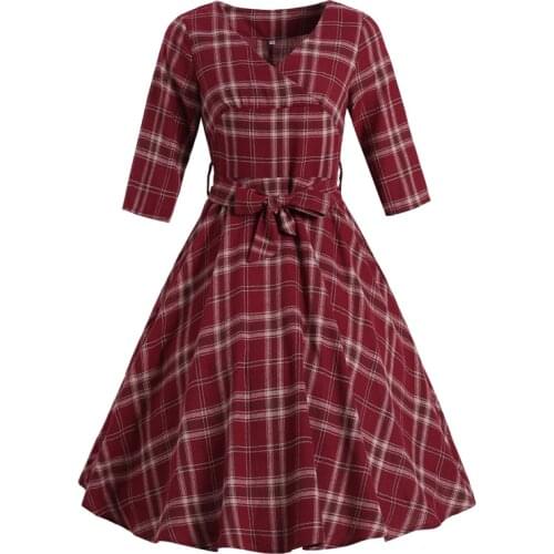 2021 Burgundy Plaid V-Neck High Waist Pinup Vintage Autumn Dresses Three Quarter Sleeve A-Line Party Women Dress With Belt