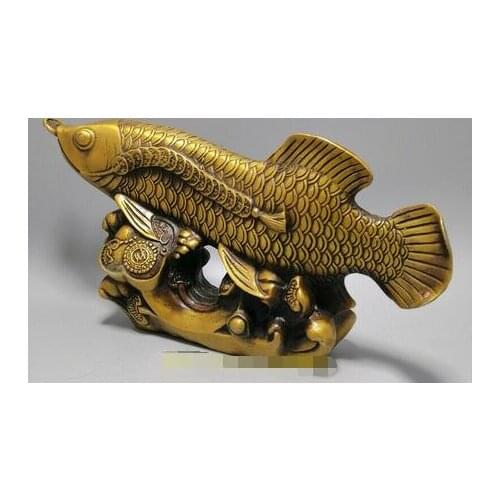 10.24" Exquisite Chinese brass Handmade Wealth Gold Golden Dragon Fish statue