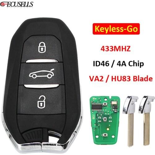 3 Button Keyless-Go Remote Smart Key 433MHz ID46 / 4A Chip HU83 / VA2 Blade for Peugeot 208 308 508 3008 5008 for Citroen C4 C4L
