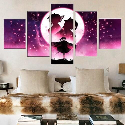 5 Panel Demon Slayer Wall Art Prints Kochou Shinobu Modular Poster Kimetsu No Yaiba Canvas Painting Anime Character Pictures Hom