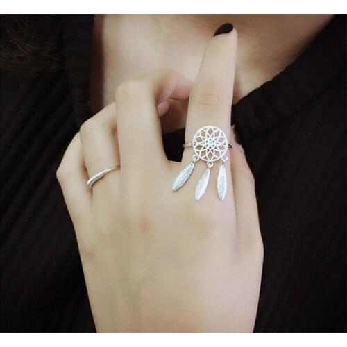 925 Sterling Silver Rings For Women Dreamcatcher Feather Tassel Resizable Rings Fine Jewelry Bague anillos De Prata S-R211