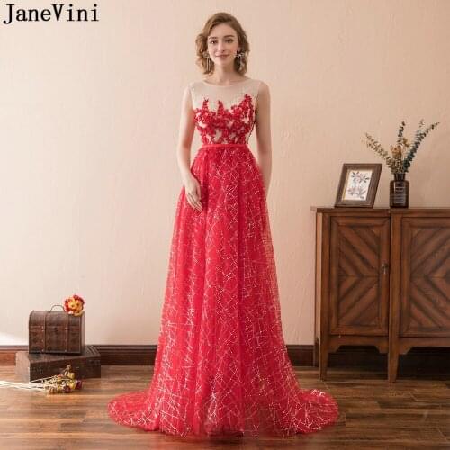 JaneVini Sparkle Sequined Red A Line Long Bridesmaid Dresses Scoop Neck Appliques Beaded Illusion Back Tulle Formal Prom Gowns