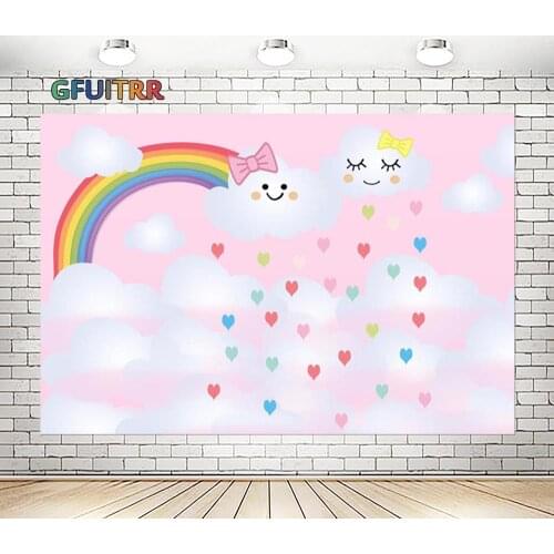 GFUITRR Rainbow Cloud Backdrop for Birthday Baby Shower Photo Background Pink Rain Sky Polyester Vinyl Decorate Props