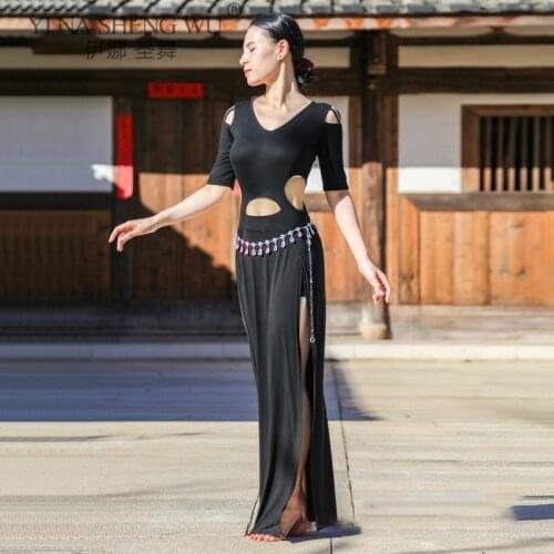 Belly Dance Suit Top Middle Sleeve Dress Split Skirt Performance Practice Clothes Competition Female Adult Elegant Bandage Set