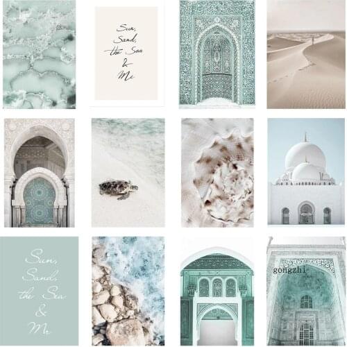 Moroccan Arch Desert Sea Blue Poster Sea Turtle Shell Canvas Painting Islamic Wall Art Pictures for Living Room Home Decoration