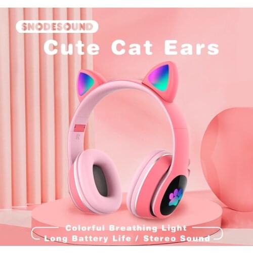 Snodesound L400 Cat Ear Flash Light Cute Bluetooth Earphone Wireless Headphone With Mic Microphone Stereo Music For Girl Phone