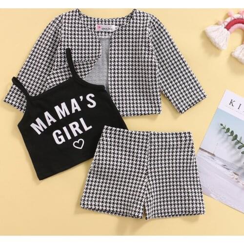 2-7Y Fashion Children Girls Autumn Clothes Sets 3pcs Girls Letters Sleeveless Tank Tops+Plaid Long Sleeve Coats+Shorts
