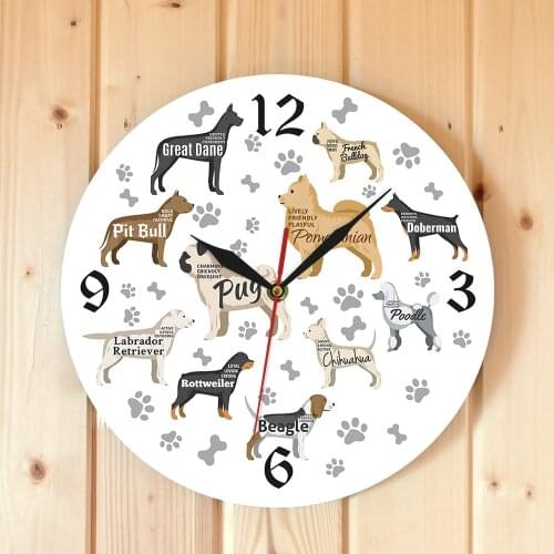 Cartoons Dog Breeds Wall Clock Dog Paws Dog Bones Puppy Dogs Wall Clock Nursery Kid Room Wall Art Decor Animal Dog Lover Gift