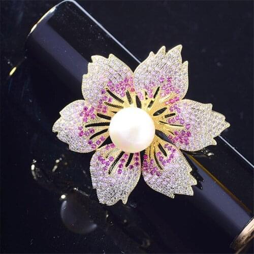 OKILY Elegant Zircon Flower Jewelry Luxury Pin Delicate Pearl Brooches for Women Coat Broches New Year 2021 Accessories