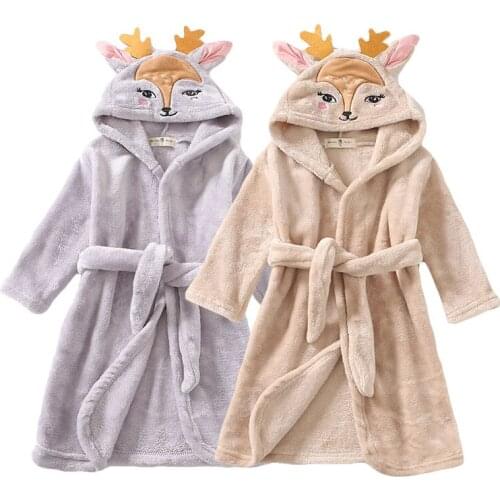 Children Christmas Deer Bathrobe Boys Girls Flannel Pajamas Baby Cartoon Sleepwear Soft Comfort Hooded Nightgown New Kids Robe