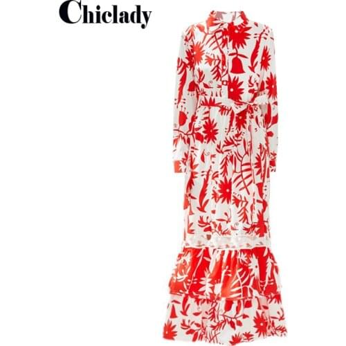 CHICLADY autumn winter full sleeve red floral printed dress maxi long dresses single breasted patchwork hollow out party robe za