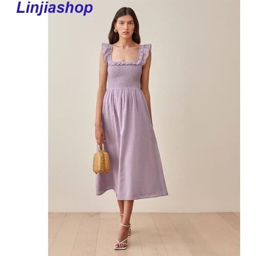 Women Sling Long Dresses Summer Sleeveless Sexy Square Collar Boho Beach Midi Dress Ruffle Elastic High Waist Fashion Casual