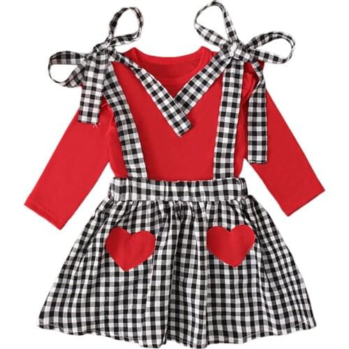 Pudcoco 1-3 Years Girl’s Skirt Two Pieces Suit Sweet Lovely Solid Color Long Sleeve T-shirt and Plaid Bow Suspender Skirt Set