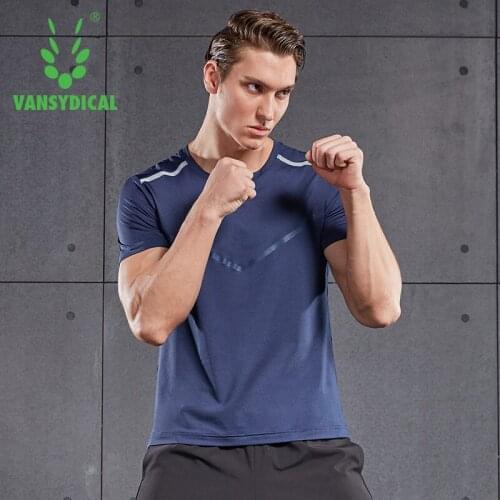 VANSYDICAL Running Shirt Men Loose Short Sleeve Striped Printing Sportswear for Gym Clothing Fitness Training Workout Top Male